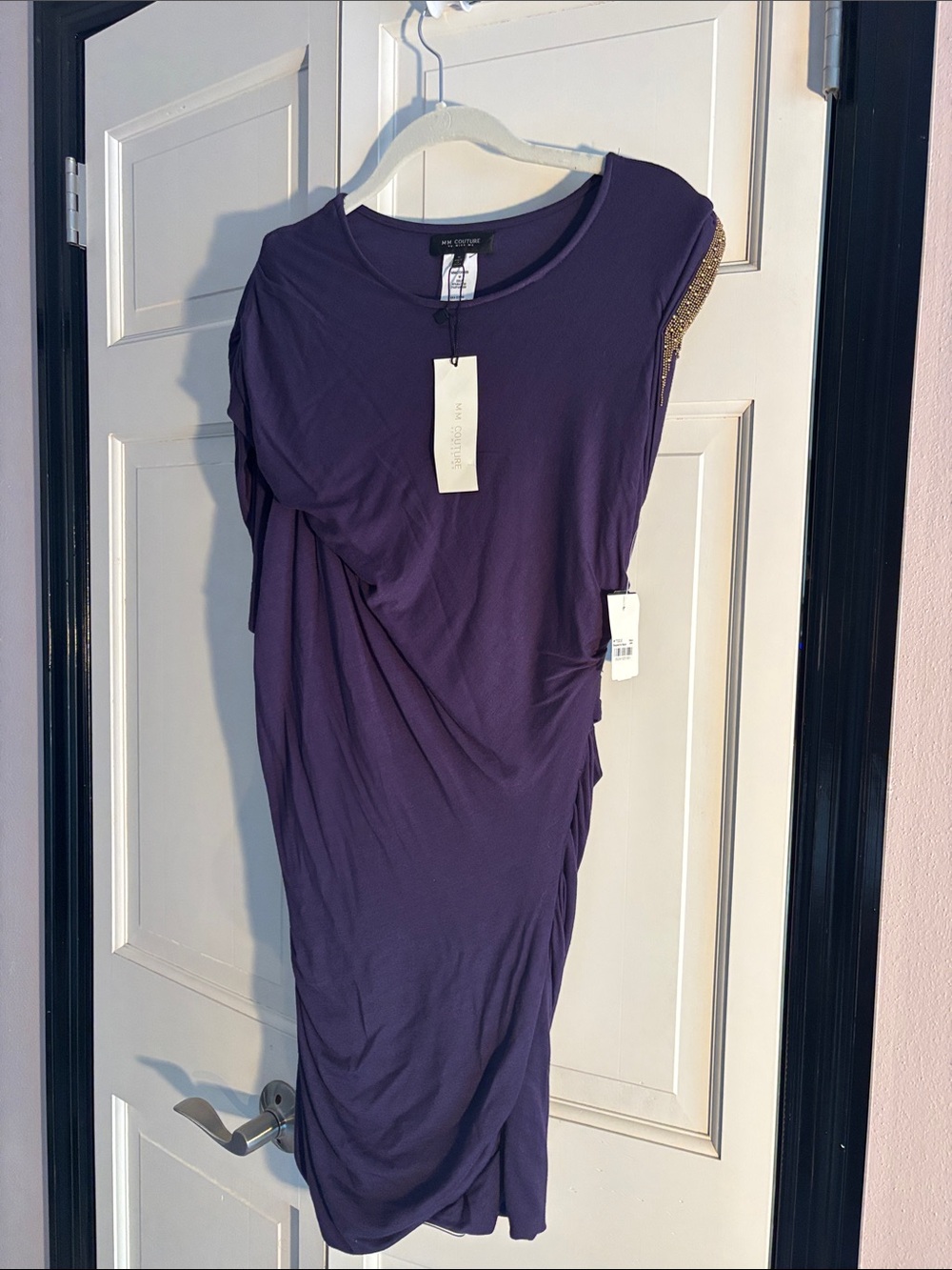 NWT. MM Couture by Miss Me. Women's Asymmetric Ruched Dress - Deep Purple